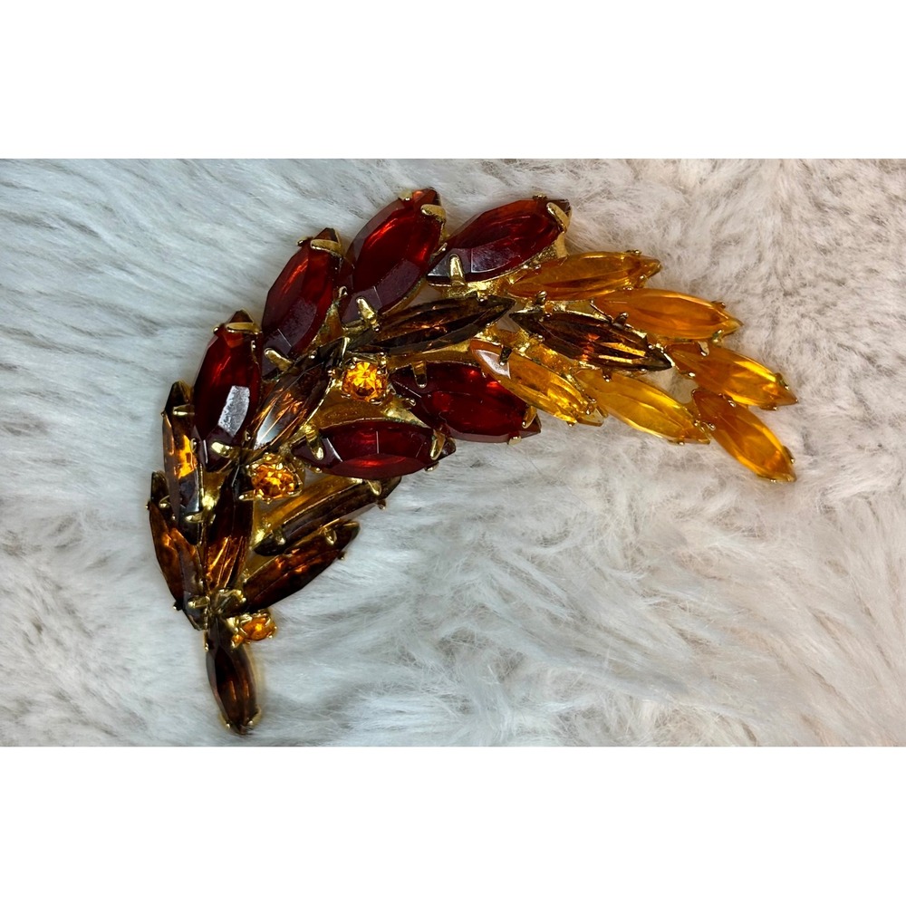Vintage Amber Topaz Ruby Red Marquise Rhinestone Leaf Brooch Gold Tone Spray